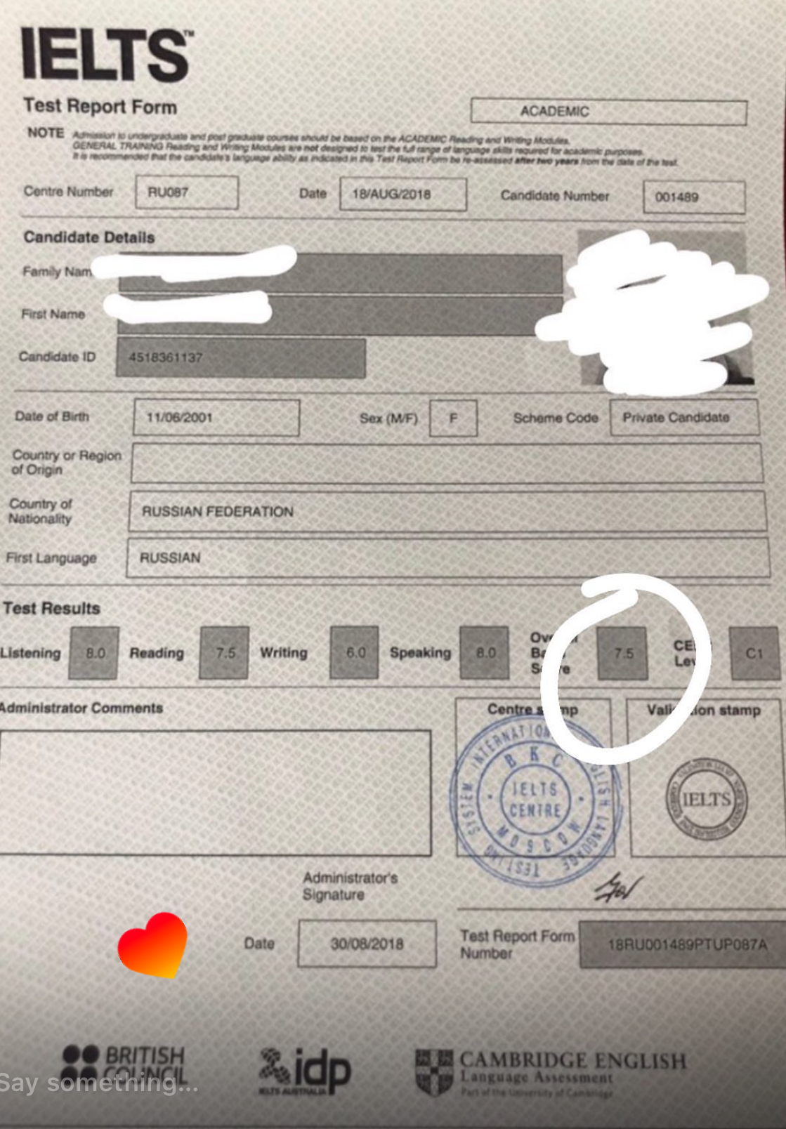 IELTS Academic Test Report Form showing overall band score 7.5