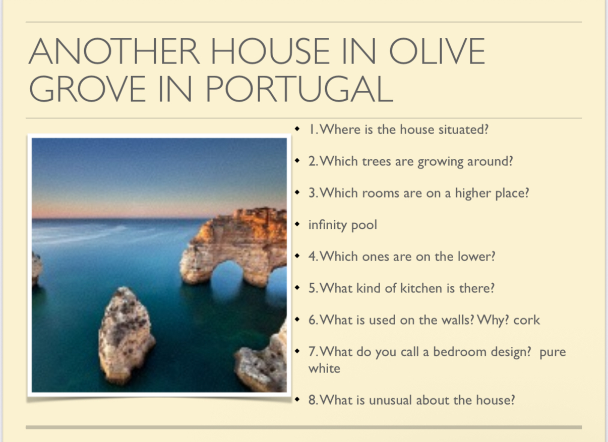 Lesson slide: reading and speaking task about a house in Portugal