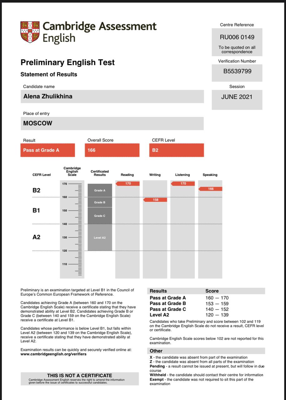 Cambridge Assessment English Preliminary (PET) statement of results — student passed at Grade A, B2 level