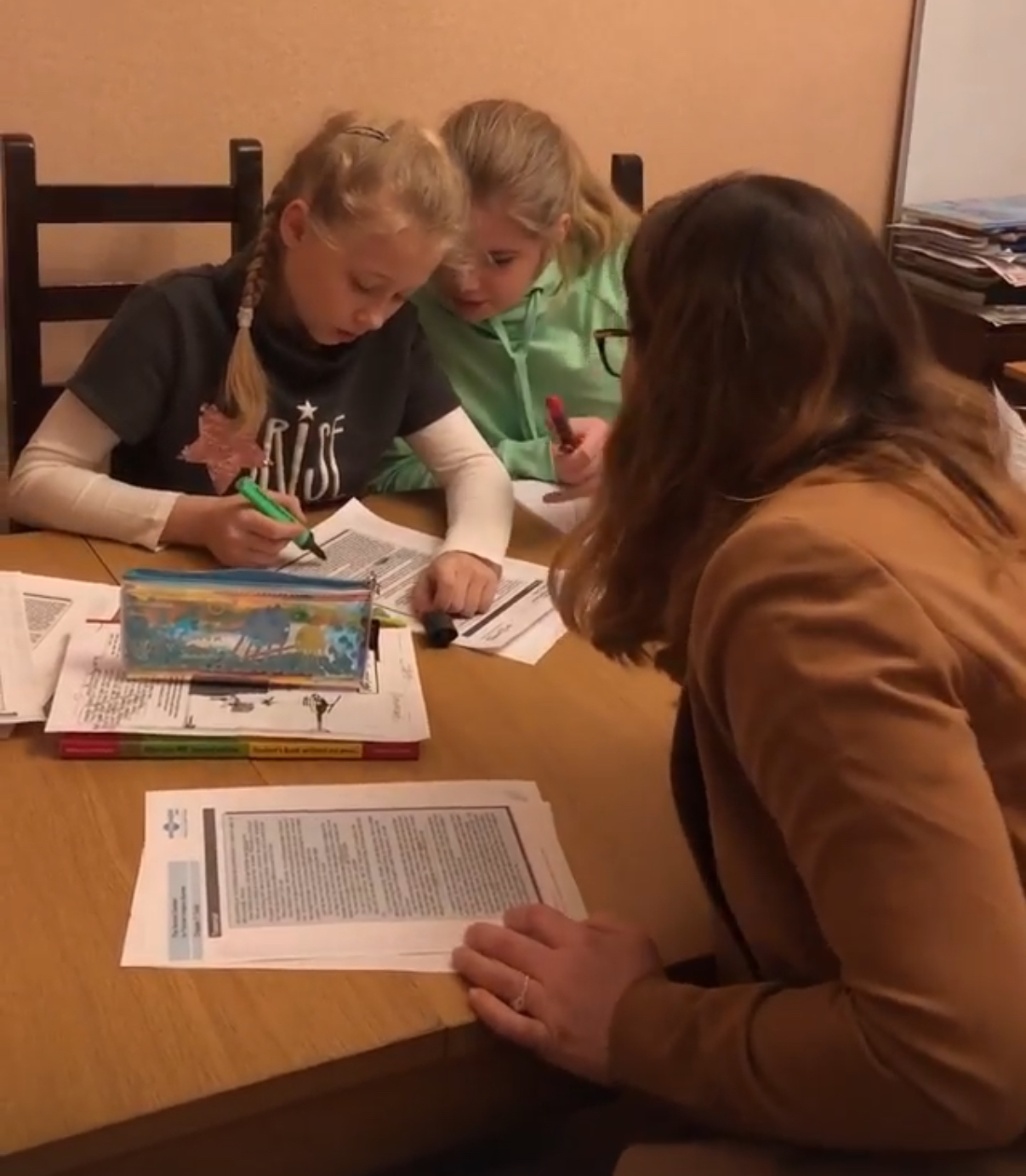 Anna teaching English students in a modern classroom